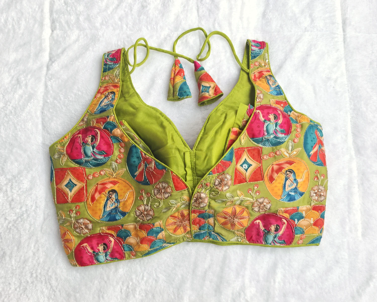 Meher Parrot Green Kalamkari Print Blouse, back view