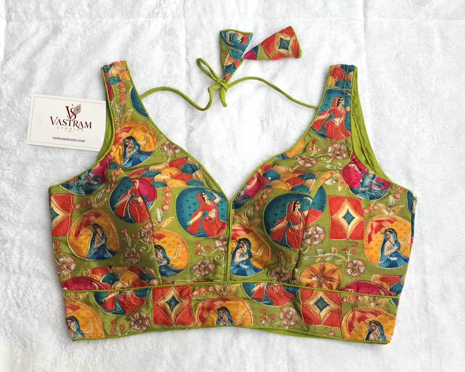 Meher Parrot Green Kalamkari Print Blouse, front view