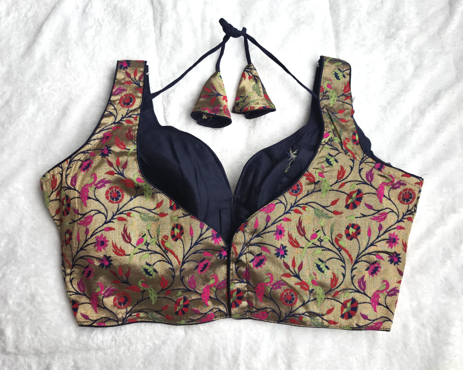 Jacquard-Weave Paithani Style Navy Blue Blouse, back view