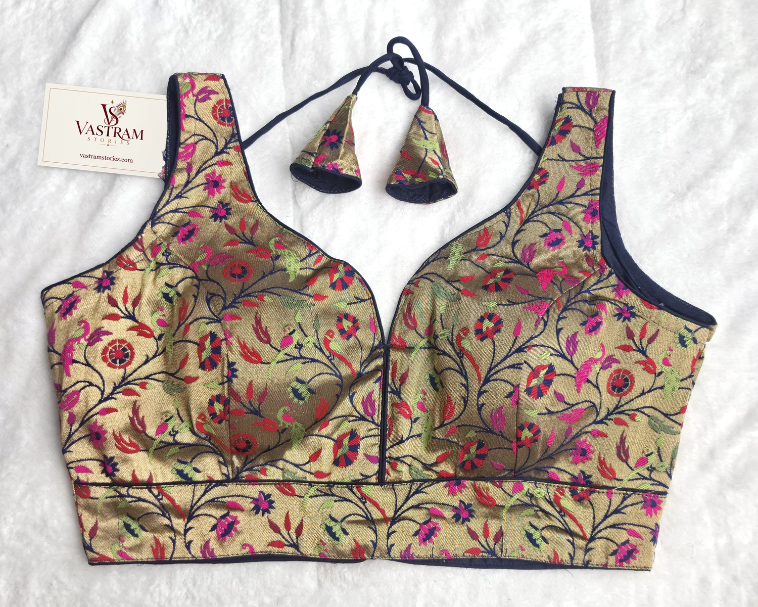 Jacquard-Weave Paithani Style Navy Blue Blouse, front view