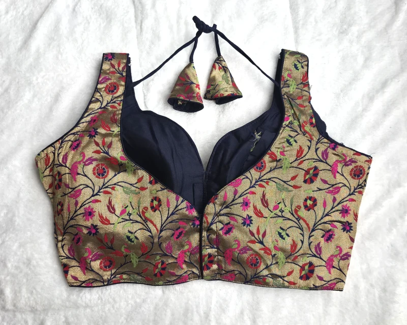 Jacquard-Weave Paithani Style Navy Blue Blouse, back view