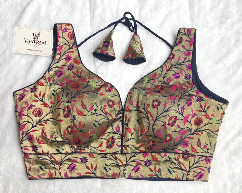 Jacquard-Weave Paithani Style Navy Blue Blouse, front view